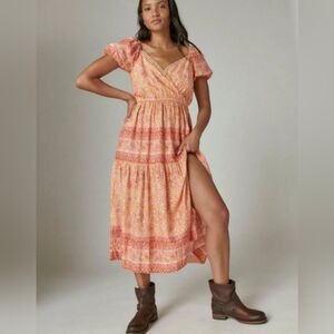 Lucky Brand Womens XXL Boho Peach Printed Prairie Midi Dress NWT